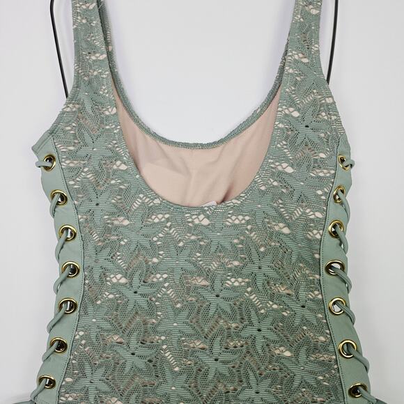 Sage Green Crochet Lace One-Piece Swimsuit Nude Lining Sexy Lace Up Side Medium - Picture 8 of 14
